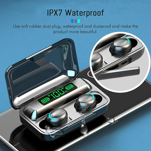 Trådlösa Bluetooth 5.1 hörlurar med mikrofon, trådlös IPX7 vattentät sport trådlös med ENC brusreducering för Android och iOS (svart)