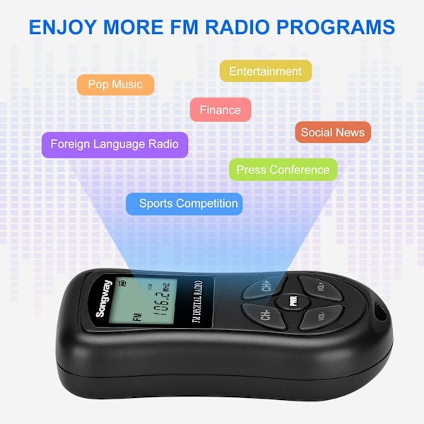 Pocket FM Radio Mini LCD Stereo DSP Radio med hörlurar 60-108MHz för föreläsning, repetition, tentamen, sport, reseguide (svart)