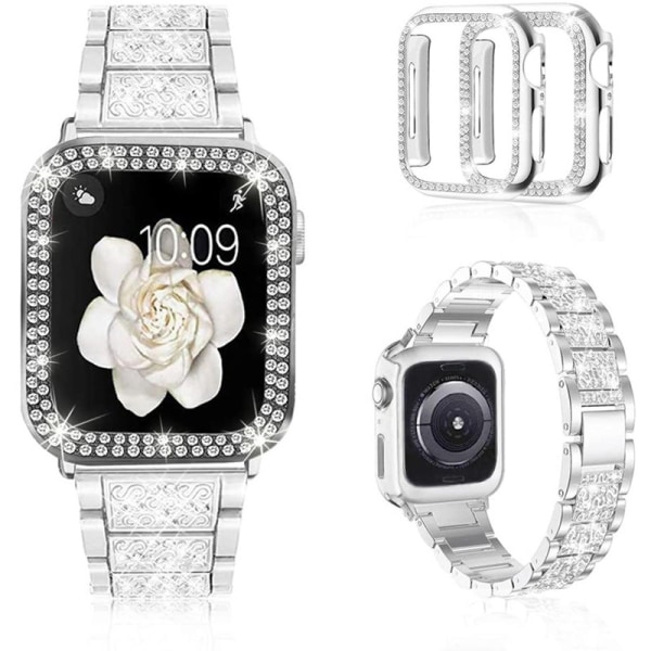 Kompatibel med Apple Watch -band 38 mm med case, metall Rhinestone armband med Bling PC- case för iWatch Series 3/2/1 (silver)