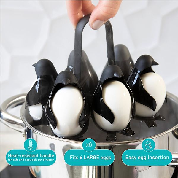 Egguins 3-i-1 Koke, Oppbevar og Server Eggholder, Pingvinformet Eggekoker for Å Lage Bløtkokte eller Hardkokte Egg, Eggies, Holder 6 Egg for Enkel C