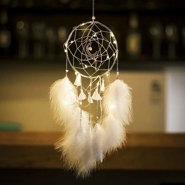 Liten Drømmefanger med LED-lys, Håndlaget Fjærdrømmefanger, Drømmefanger Veggdekor Hjemmepynt - 15 cm i diameter, 48 cm i lengde (Hvit)