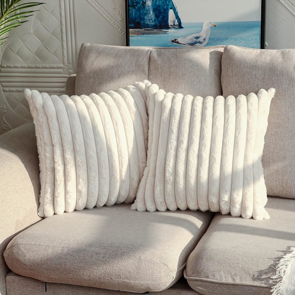 Set med 2 dekorativa fuskpäls plysch fuzzy stripe kuddfodral Mjuka örngott för soffa sovrum 17,7 x 17,7 tum