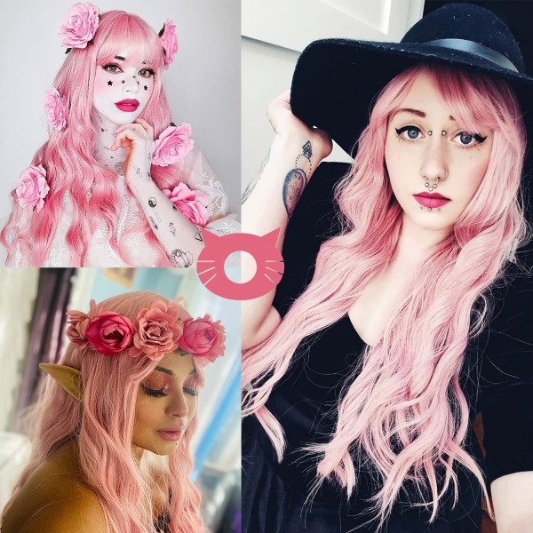 Rosa peruk för kvinnor Långt fluffigt lockigt vågigt hår Peruker för flickor Värmebeständig syntetisk cosplay festperuk