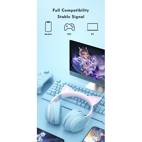 Barn Bluetooth hörlurar hopfällbara med LED-ljus Rosa färg