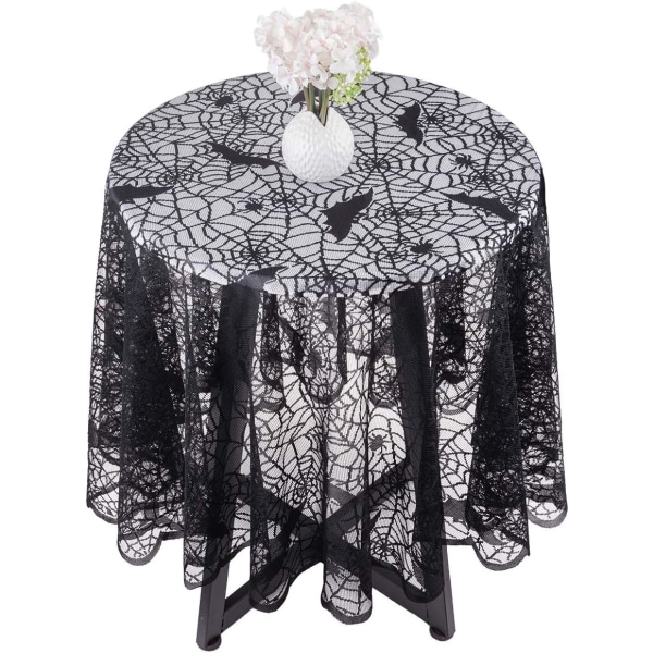 69 tums polyester spetsduk | Rund svart spindelnät bordsduk bordsdekorationsduk för halloweenfester bordsdekorationer