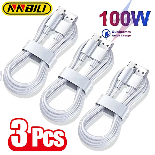 3PCS 5A 100W Typ C Super Snabb Laddningskabel Datakabel för Samsung Huawei Xiaomi Redmi Snabbladdning USB C-kablar