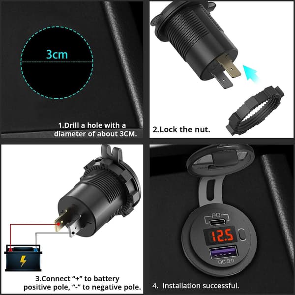 12V USB C Billader Socket, Ouffun Dobbel PD & QC 3.0 Porter 12V USB Bil Socket Adapter med Knappbryter, Hurtiglader for iPhone med 60 cm Kabel