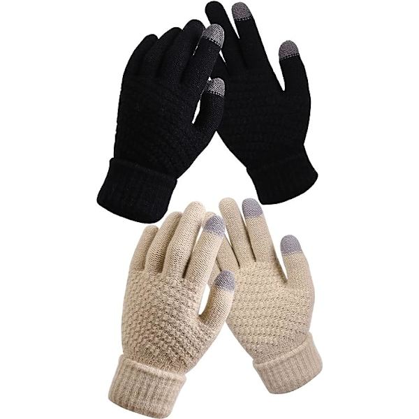 2 par vinter touch screen handsker til kvinder varme strikhandsker fleeceforet elastisk manchet vinter teksting handsker (sort+beige)