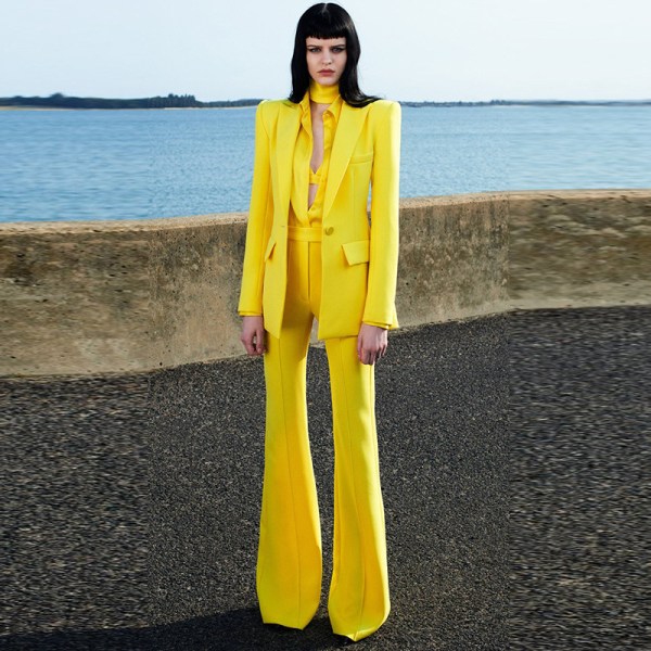 2-delad professionell moderiktig enknapps mellanlång kostym+utsvängda byxor (gul-XL storlek)