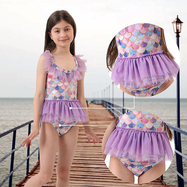 Flickor Barn 1-delad volang baddräkt i sjöjungfrustil för strand, sommarbaddräkt Holiday Beachwear(Pp-M 120-130)