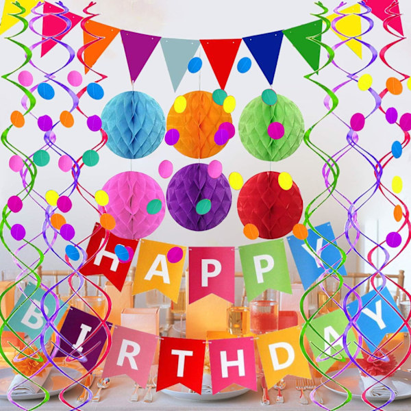 Grattis på födelsedagen banner med färgglad pappersflagga Bunting Papper Circle Konfetti Garland Swirl Streamers Honeycomb Ball för födelsedagsfest