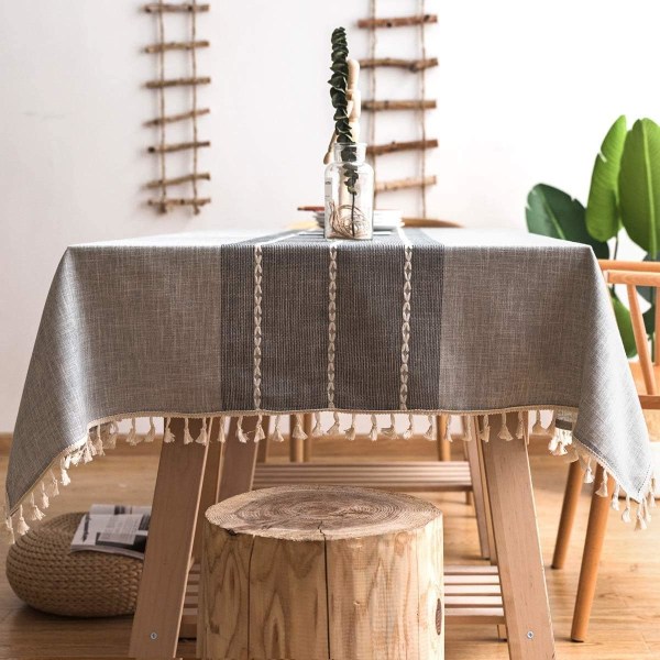 Rektangulär bordsduk i bomull och linne, broderad fläckfri vattentät bordsduk Bordsskydd med fransar för matbord, grå rand (Mellan)