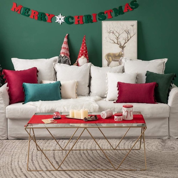 Paket med 2 jul sammet mjukt solid dekorativt cover med tofsar fransar Boho accent case för soffa bäddsoffa 20 x 20 tum Burgu