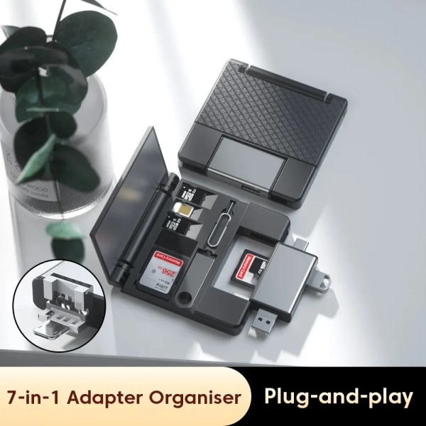 7-in-1 Monitoiminen Kortinlukija Säilytyslokerot USB2.0 Type-C Adapteri Korttisäilytyskotelo black