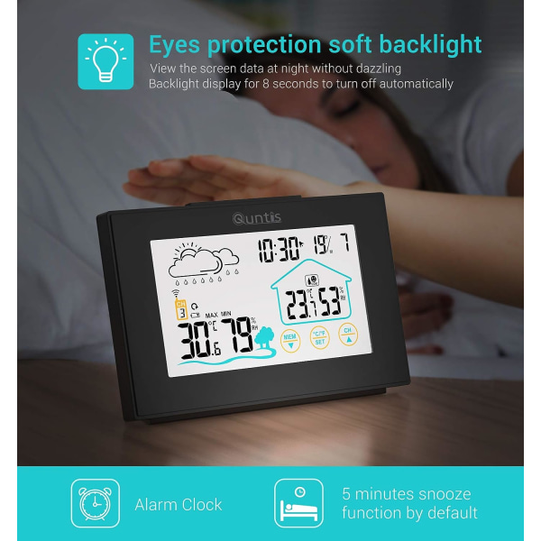 Väderstation, 5” LED Bred Sensor Digital Termometer Hygrometer, Väderklocka Alarm, Trådlös Inomhus Utomhus Hygrometer Termometer med Snooze-funktion