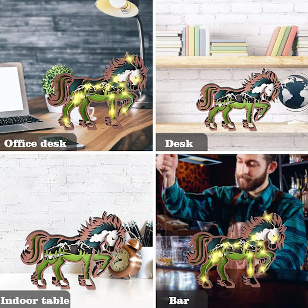 Trædyrsornamenter, træhåndværk med 3D-skovdyrsdekoration, 3D-træfigur med LED-lys, retro træskulptur til hjemmekontor G