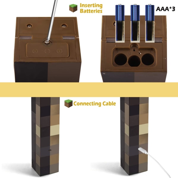 Minecraft Upplyst vägglampa - Batteri- och USB-anslutningsbar nattlampa - Handhållen eller väggmonterad lampa