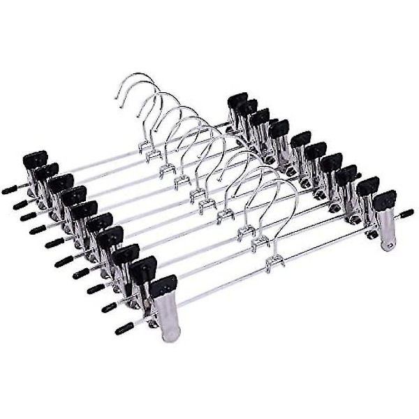 Set med 10 metall klädhängare Byxhängare | 28,5 cm bred | Gummiklämma | Metallklämma | Halkskydd för kjol