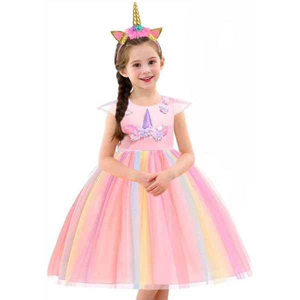 Barn Enhörning Kostym Klänning, Flicka Enhörning Kjol, Blommor Flicka Ärmlös Festkläder, Födelsedagskläder Festkläder, Enhörningshalsband（Rosa） 150