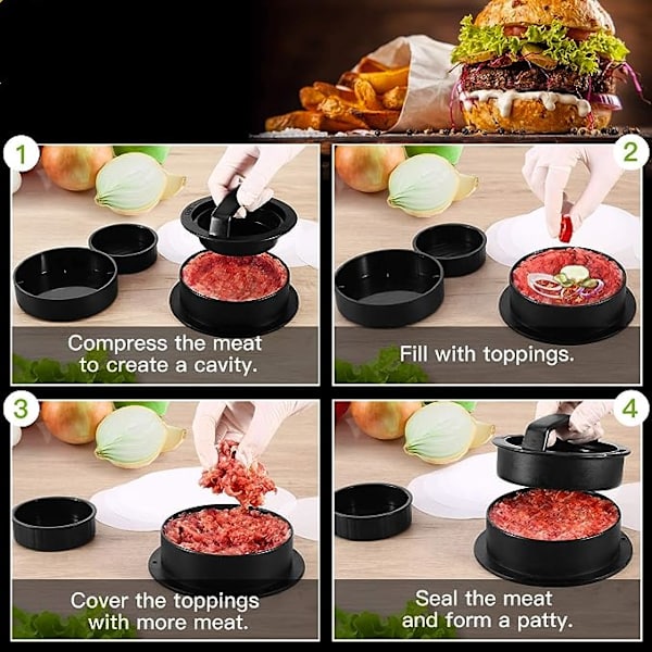 3-i-1 hamburgerpress - Gör perfekt mager köttburgare | Burger Press | Hamburger Köttbulle Press Tillbehör