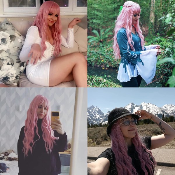 Rosa peruk för kvinnor Långt fluffigt lockigt vågigt hår Peruker för flickor Värmebeständig syntetisk cosplay festperuk