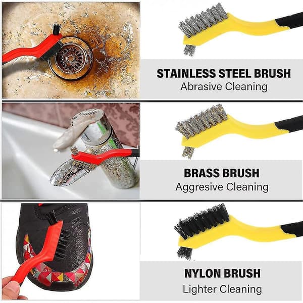 3 stk. stålbørstesæt nylon/messing/rustfrit stål børster med buet design