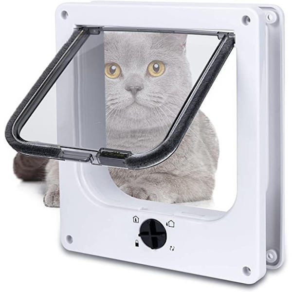 Kattlucka, magnetisk husdjursdörr med 4-vägs roterande lås för katter, kattungar och kattungar, uppgraderad version (inre storlek: 19,5 x 18 x 5,5 cm, vit)