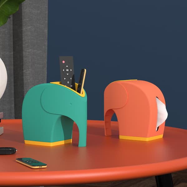 Monitoiminen nenäliinalaatikko, jossa kynäteline, elefanttikuvio
