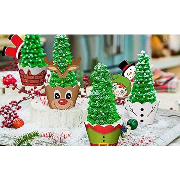 120 stycken julcupcake toppers wrappers party favors - Snowman Santa Ren Elf