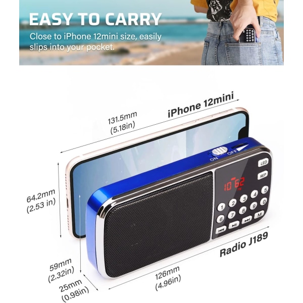 Bärbar radio PRUNUS L-189, 3W AM/FM-radio 1200mAh med dubbla högtalare, LED-ficklampa, laddningsbart batteri, （Blå）
