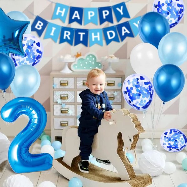 2-årig pojkefödelsedagsballong, blå 2-årig födelsedagsdekoration, nummer 2 födelsedagsballonger, latexkonfettiballonger Födelsedagsdoptillbehör P
