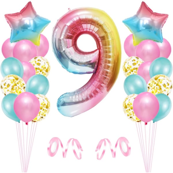 9:e födelsedag flickballong, 9:e födelsedag, rosa ballong nummer 9, födelsedagsdekoration, grattis på födelsedagen ballong, 9:e flicka födelsedagsfest dekoration