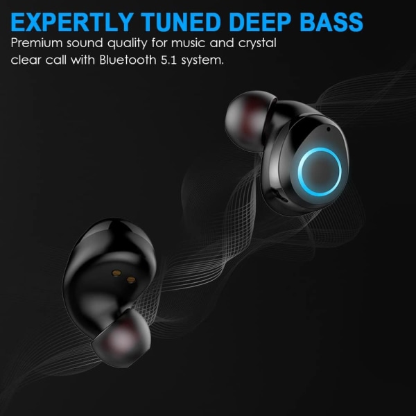Bluetooth 5.1 Øretelefon, 3D Hi-Fi Stereo Trådløs Øretelefon IPX7 Vanntett, Bluetooth Headset med Mini Hurtigladeetui og Mikrofon, Superlettvekt,