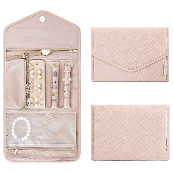 Rejse Smykke Organizer, Foldbar Smykkeæske til Rejser, Blød Læderholder til Øreringe, Halskæder, Ringe (pink)