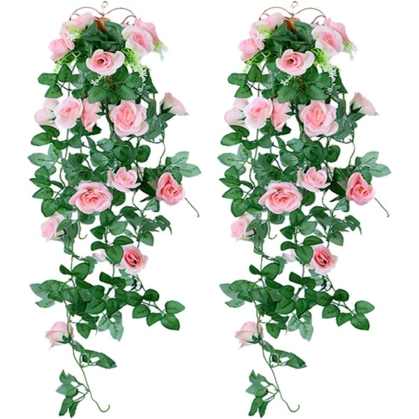 Konstgjorda hängande växter - falska sidenrosa blommor hängande krans rotting murgröna vinstockar för bröllopsfest Trädgårdsväggdekoration (rosa, 2 stycken)
