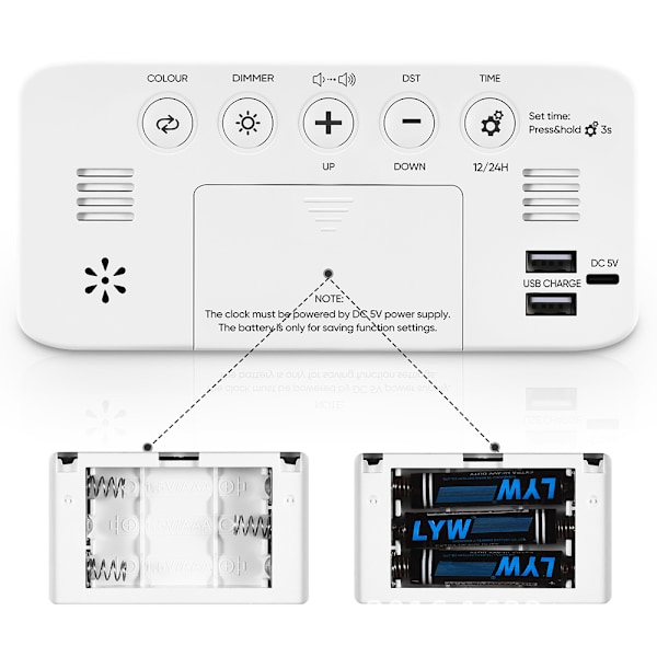 Superhøy vekkerklokke for tunge sovende voksne, digital klokke med 7-farget nattlys, justerbar volum, dimmer, USB-lader, små klokker for soverom vit