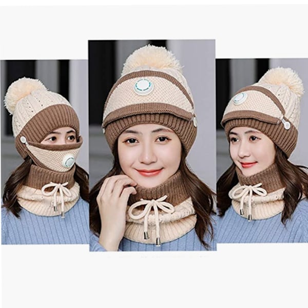 Vintermode Ridhatt Öronskydd Ullhattmask Slipsar Koreanskt mode stickning Varm tredelad set (beige)