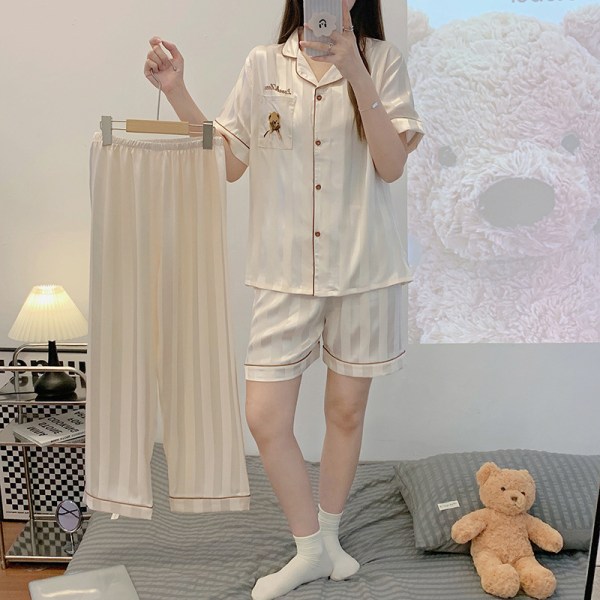(Storlek L) Soft Ice Silk Kortärmad Pyjamas Tredelad Set