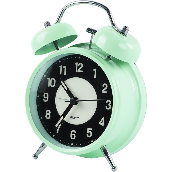 4-tums väckarklocka, kvarts, analog, vintage, dubbel klocka, med högt alarm och nattljus, case (grön)