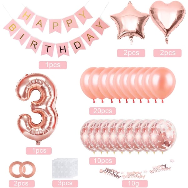 3:e födelsedagsflickballong, roséguld 3:e ballong, 3:e födelsedagsballonger roséguld, 3:e födelsedagsflickballong, Rose gyllene födelsedagsballonger, födelsedag