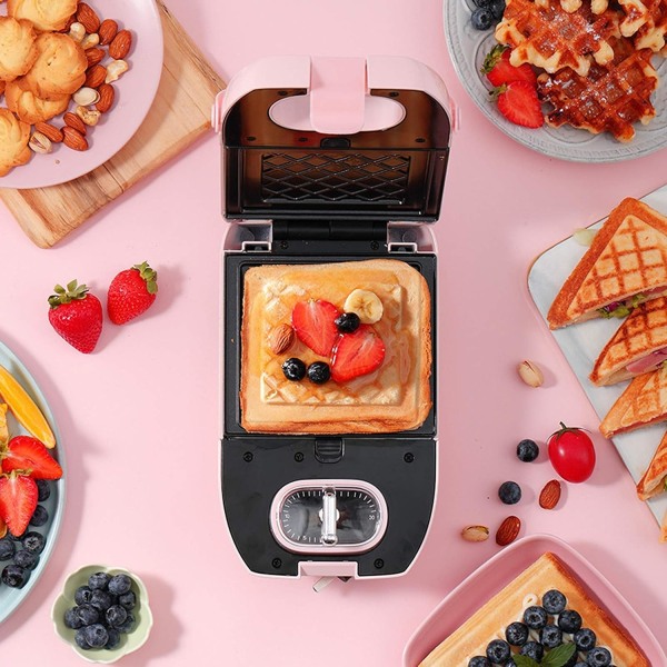 Frukostmaskin, elektrisk frukost, rostat bröd och grill, avtagbar non-stick tallrik, dubbelsidig värme, brödrost, rosa