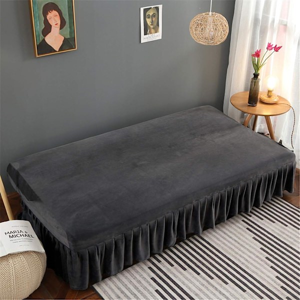 Armløs Velvet Sort Futon Betræk med Flæse Kant, Meget Strækbart Futon Sovesofa Betræk Uden Armlæn, Pletafvisende, Maskinvaskbar, Lille (Grå, M)