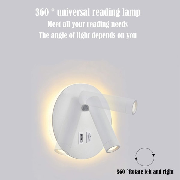 LED-vägglampa, 9W, läslampa vid sängkanten med USB laddningsport, (6W 3000K varmvit) + (3W 6500K vit) rund form
