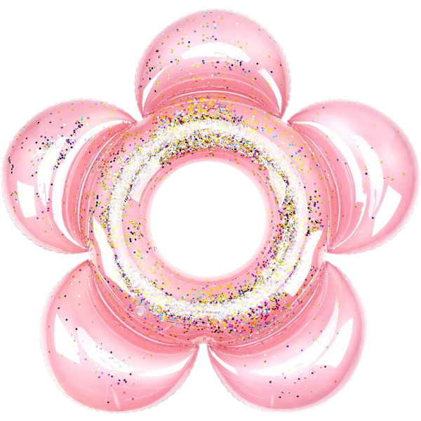 Oppblåsbar badebøye, oppblåsbar badering med blomsterformede paljetter, slitesterk og sikker, perfekt for svømmebasseng, fest, voksen, barn - Rose Gold