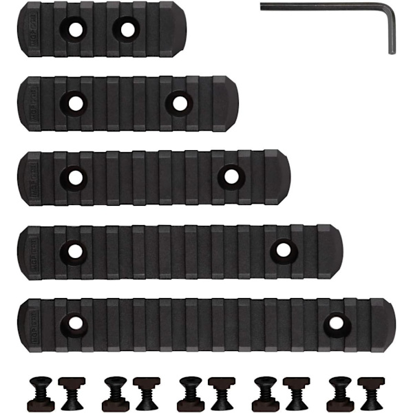 5-pack Polymer Picatinny Rail, 5 spår, 7 spår, 9 spår, 11 spår, 13 spår Tillbehör med 10 T-muttrar, 10 skruvar och 1 skiftnyckel - Svart