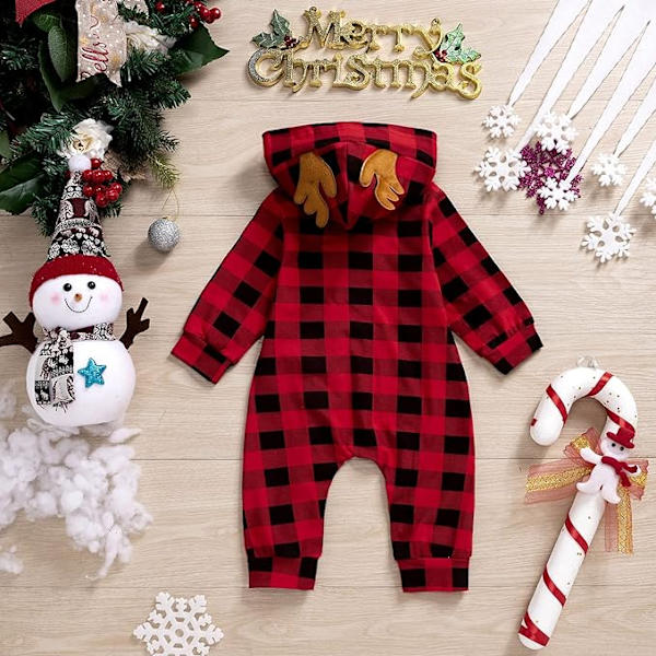 Baby juloutfit, baby toddler pojkar flickor långärmad huva dragkedja Jumpsuit Julkläder (0-6 månader)