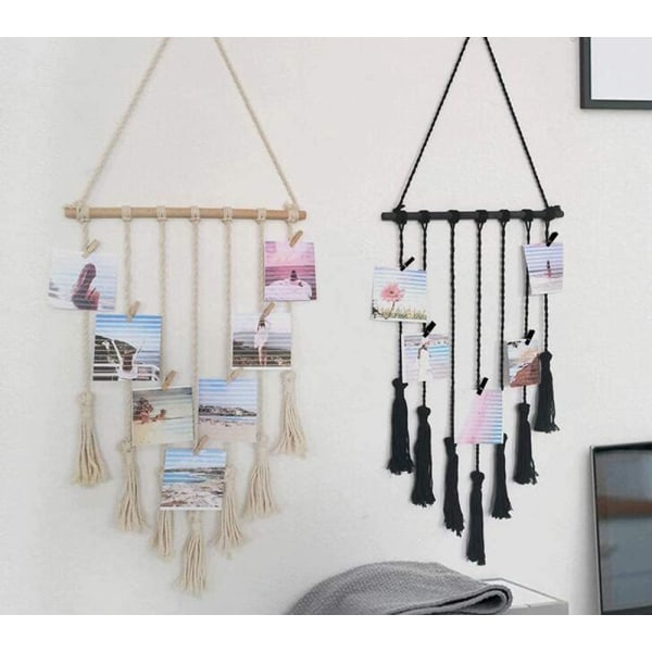 Hængende fotodisplay, håndlavet macrame-kvast hængende billeder organizer boho boligindretning, DIY med 25 træclips (sort)