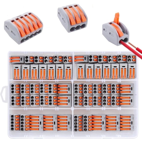 60 stk. Automatiske hurtigkoblingsterminaler, elektriske ledningskoblinger med spak, 20 stk. 2 innganger, 30 stk. 3 innganger, 10 stk. 5 innganger