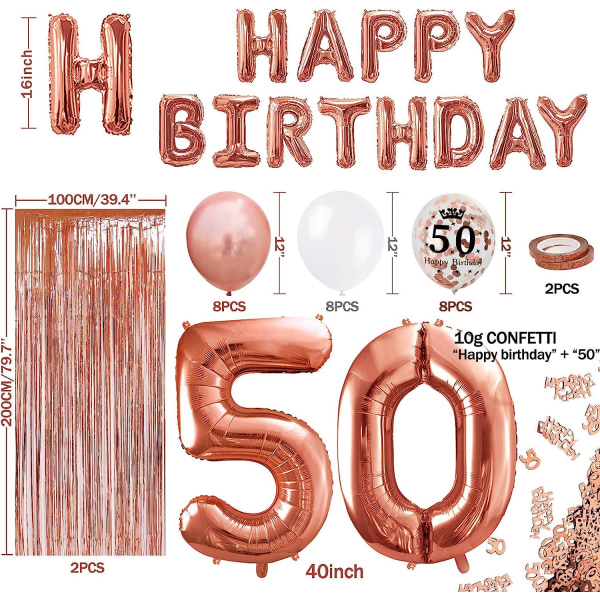 50 år rosa guld födelsedag deco, grattis på födelsedagen banner, helium ballong nummer 50 XXL, rosa guld fransgardin latex konfetti nummer bord deco conf