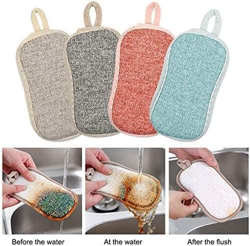 Pakke med 4 vaskbare oppvasksvamper, gjenbrukbar oppvasksvamp, mikrofiber skuresvamp.